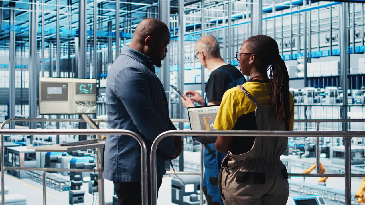 Ingeniører taler med manager, der fører tilsyn med smart solcellefabrik