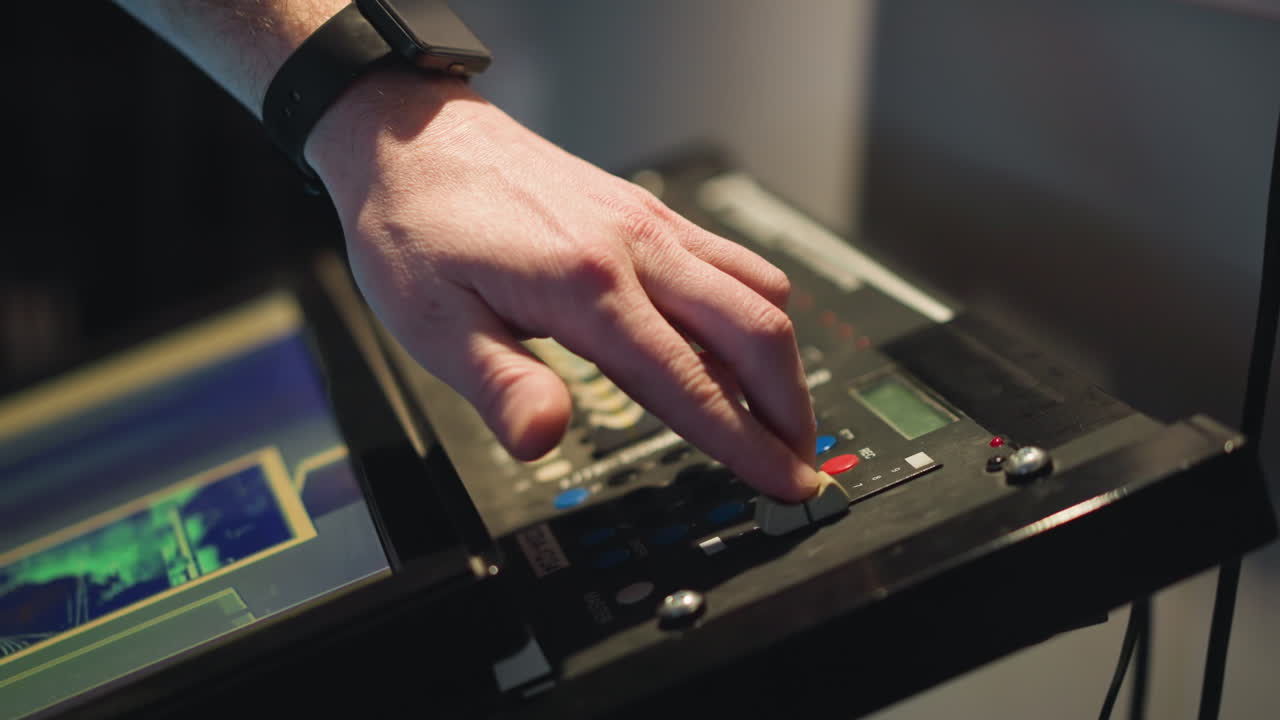 Person adjusting settings on digital control panel for lighting, pressing buttons and manipulating controls, working with equipment for studio or stage lighting control and production setup