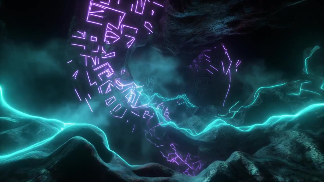 Abstraktní tunel se zářícími neonovými geometrickými tvary a energetickými vlnami