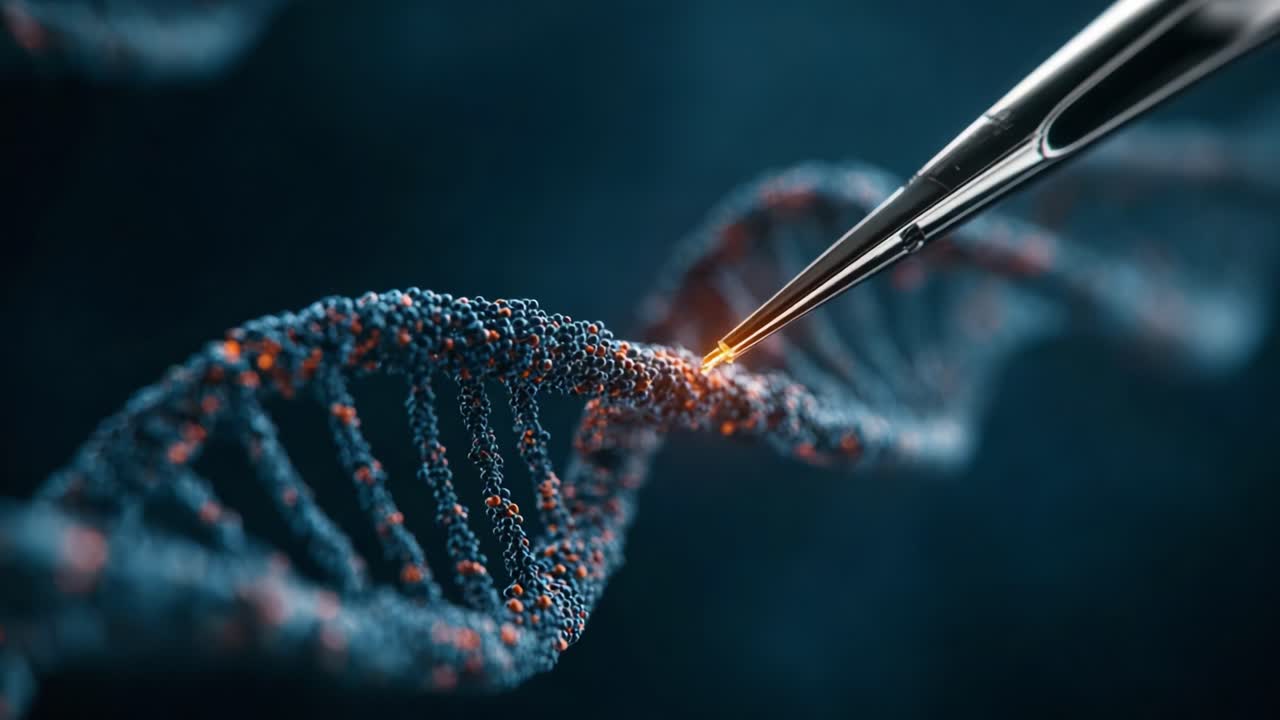 Exploring the Intricacies of Genetic Engineering: A Close-Up on DNA Manipulation with a Precision Tool in a Dramatic Microscopic View