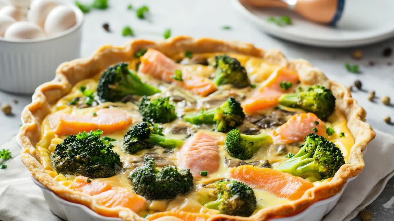 Freshly baking salmon quiche nestling in white ceramic dish, surrounded by eggs and scattered herbs, showcasing golden brown pastry with vibrant broccoli and mushrooms