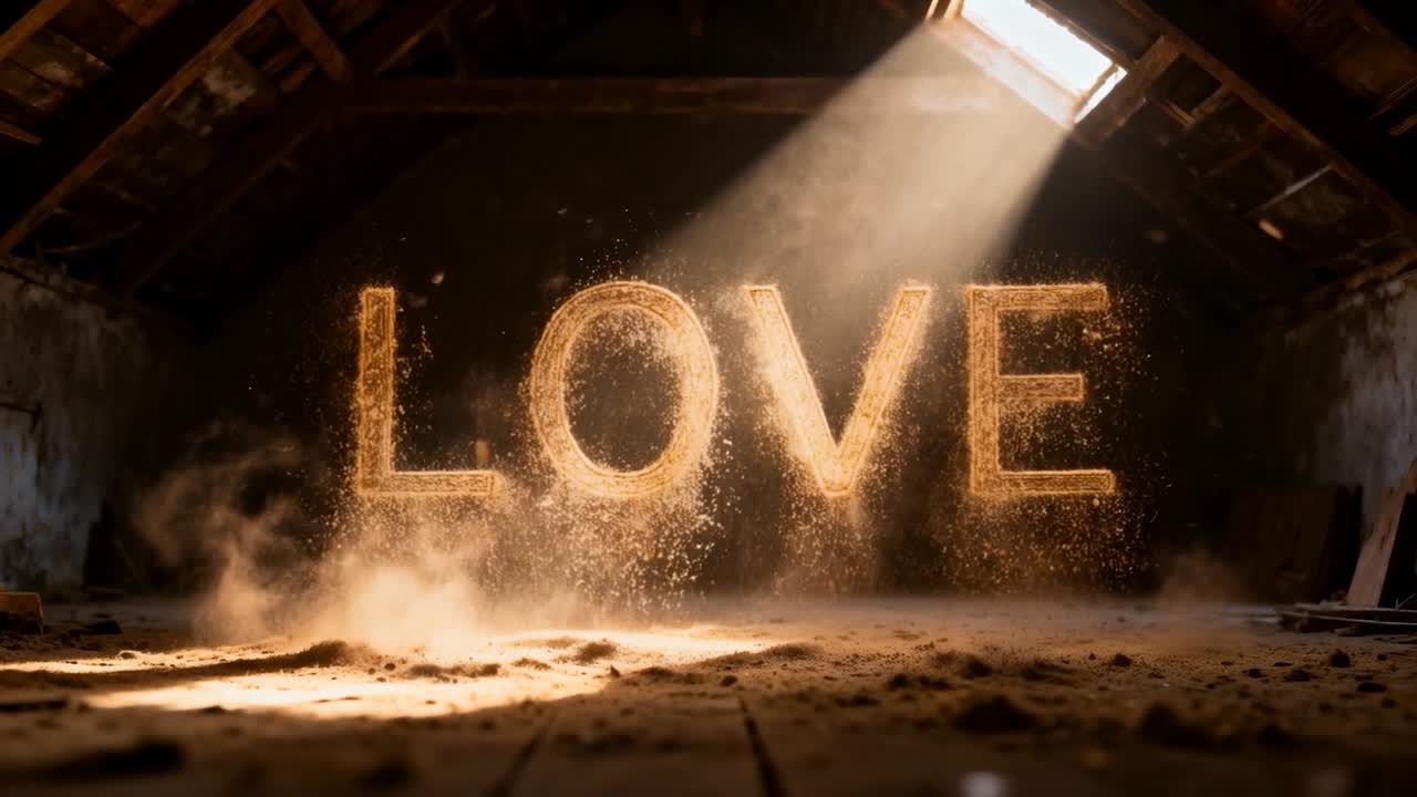 Fascio di luce splendente da un lucernario che illumina particelle di polvere, formando la parola LOVE sopra assi del pavimento in legno polverose