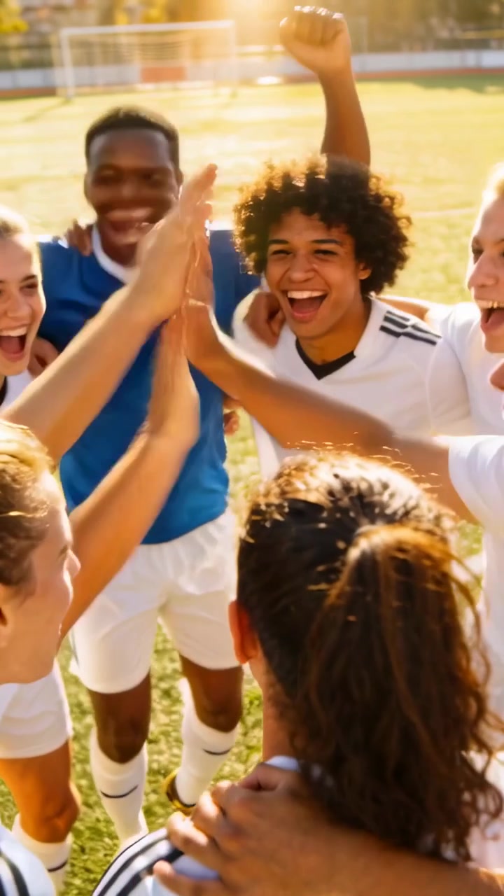 Vertical video: Cheering teen soccer team linking arms after goal on sunlit field, showing jerseys