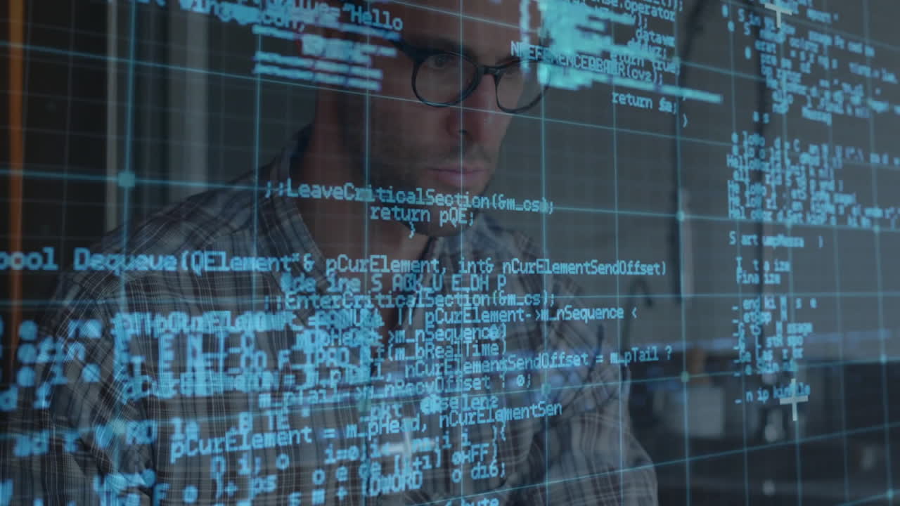 Programming animation on transparent screen, person working in tech environment