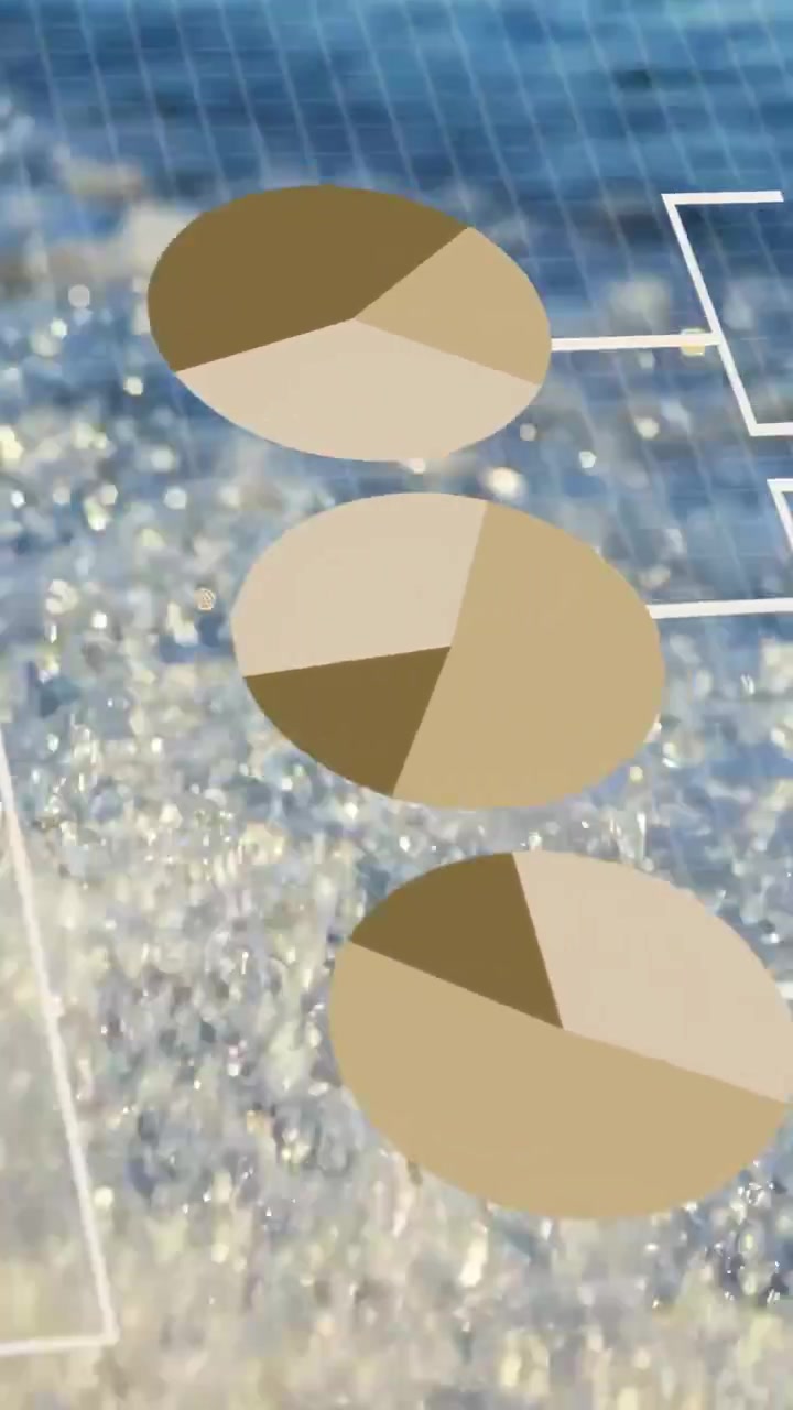 Vertikales Video: Sonnenlicht glitzert, verursacht Spritzer am Ufer, während Daten steigen und ein Torten-Donut-Diagramm 7504 für Metriken bildet.