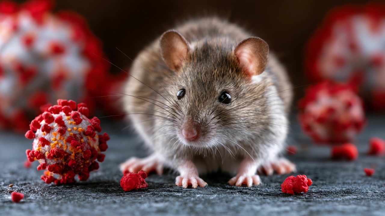 モデルウイルスに囲まれたネズミのクローズアップ探求：微生物の脅威と共存する自然界の最小の生き物の魅惑的な眺め