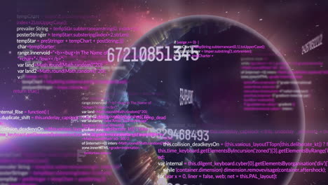 animación de números cambiantes con lenguaje informático sobre un globo giratorio contra el espacio