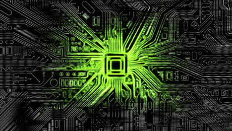 Animated-wide-shot-of-circuit-board-as-energy-pulses-outwards-from-the-CPU-and-modulation-distorts-the-image