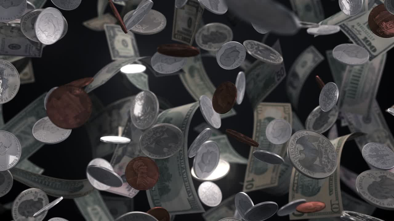 검은색에 돈과 동전의 비가 내리고