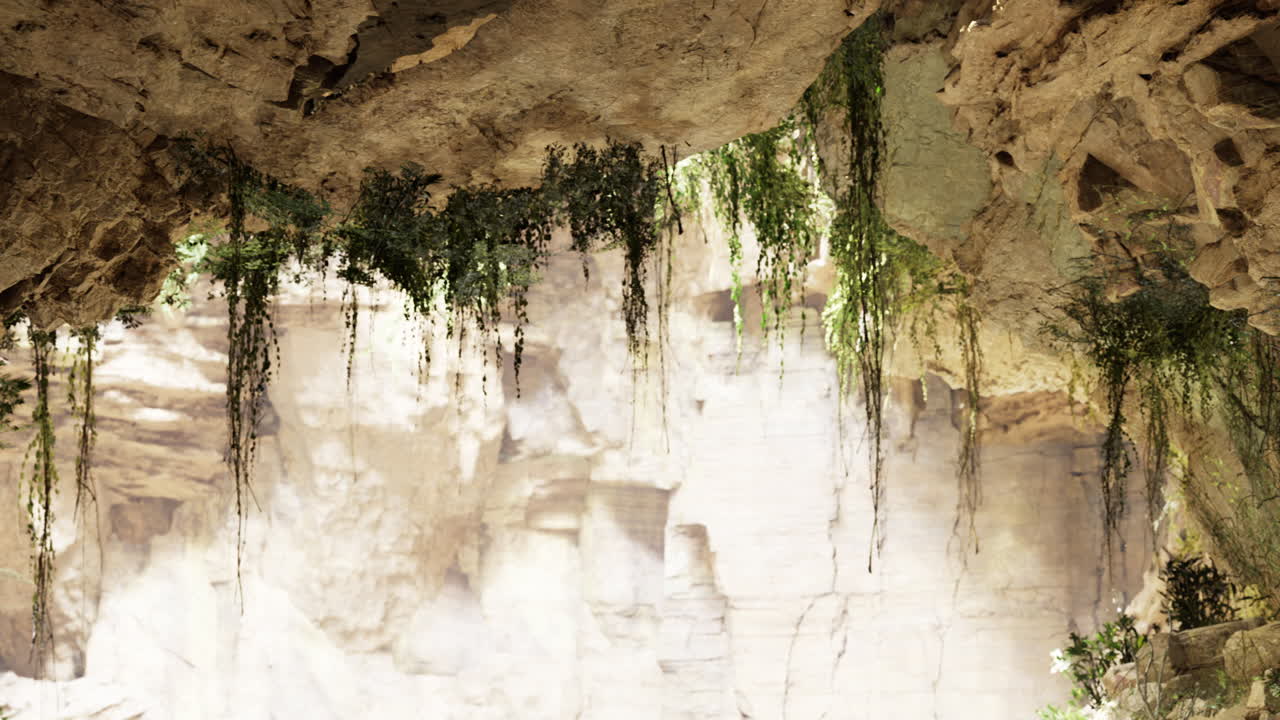 Tranquil underground cave with lush greenery and natural rock formations