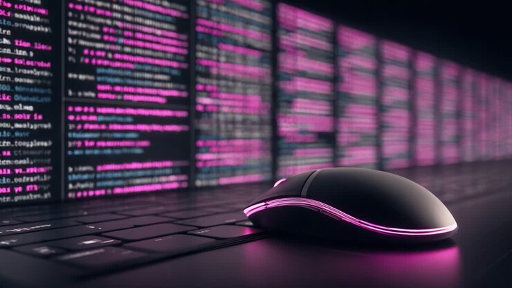 A close-up view of a sleek, modern computer mouse against a vibrant backdrop of colorful code running on a keyboard, showcasing the fusion of technology and design