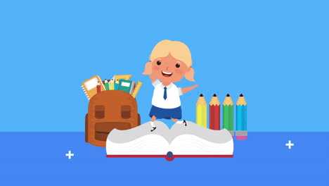 de vuelta a la temporada escolar con la niña y los suministros
