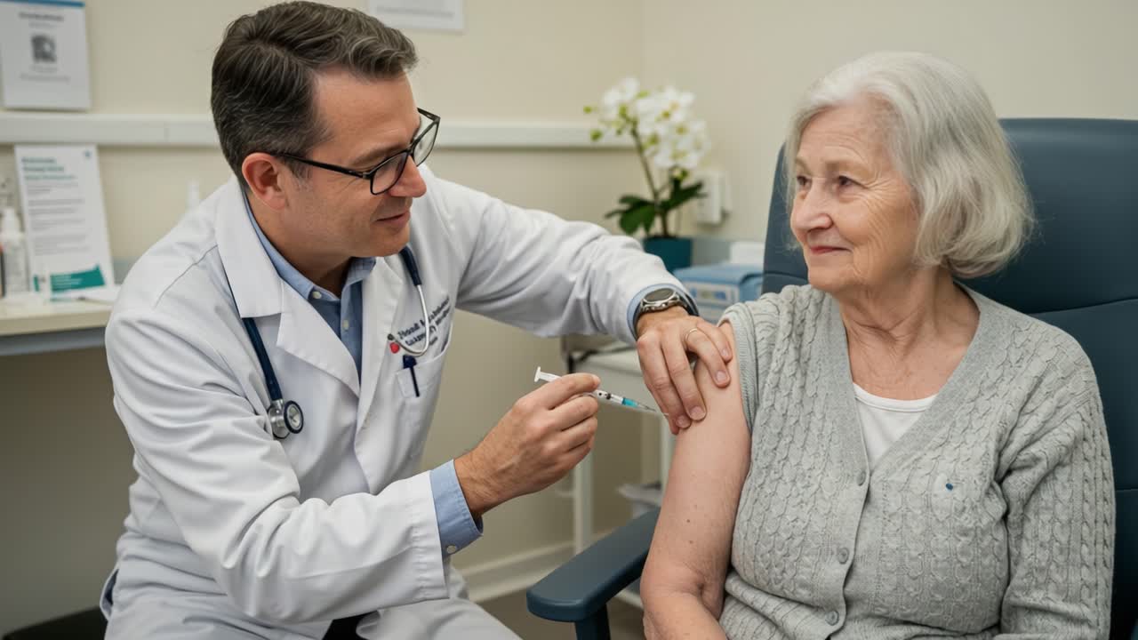Medical Professional Administers Vaccine to Elderly Patient in Healthcare Setting, Fostering Community Health and Preventive Care Through Immunization