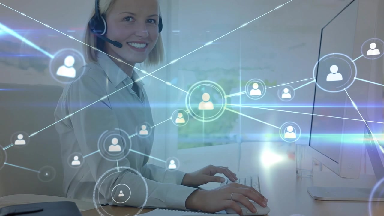 Animazione di una rete di connessioni con icone sovrapposte a una donna d'affari caucasica in ufficio