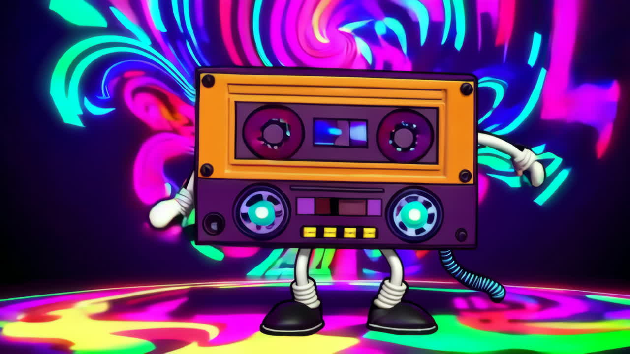 Vibrant Retro Cassette Tape Character in Neon Glow