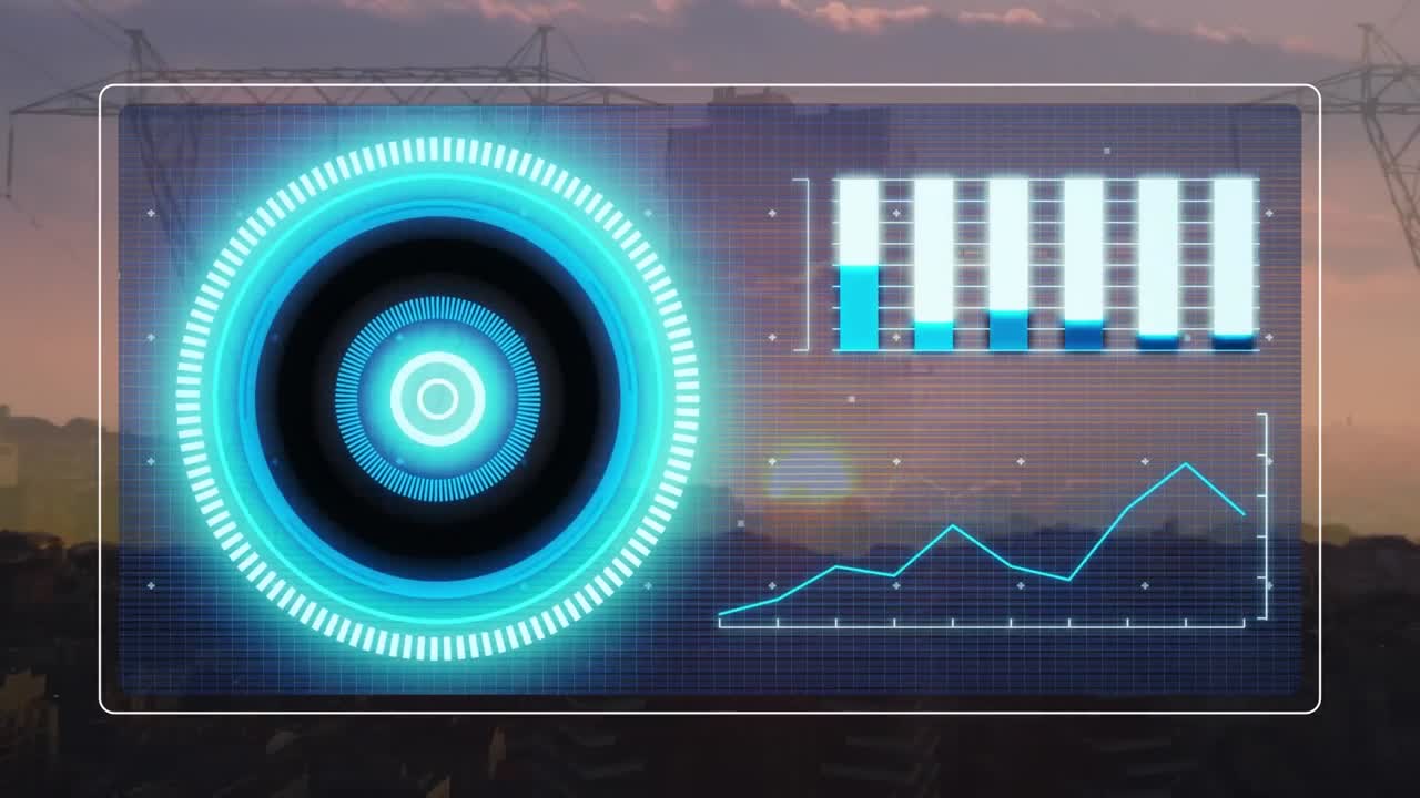 Animation of data on digital screen over electricity poles at sunset