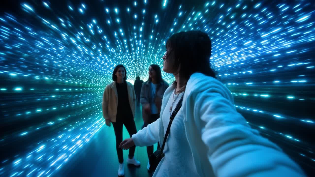 A mesmerizing journey through an illuminated tunnel, showcasing vibrant blue and green LED lights that create a stunning visual effect, as a group of friends embraces an enchanting experience together