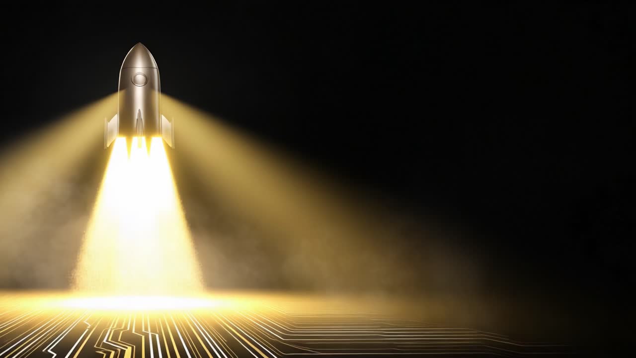 Metallic rocketship lifting off from a glowing integrated circuit board with bright exhaust flames and smoke, symbolizing technological advancement, innovation, and a successful business launch