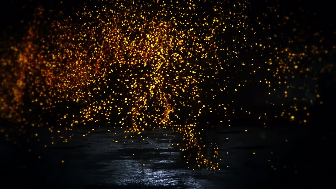 4k Real gold particles flying in wind on black background. Gold dust bokeh abstract background