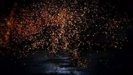 4k real gold particles flying in wind on black background. gold dust bokeh abstract background