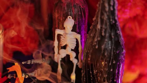 Skeleton-decoration-offering-and-burning-incense,-Dia-de-muertos-altar