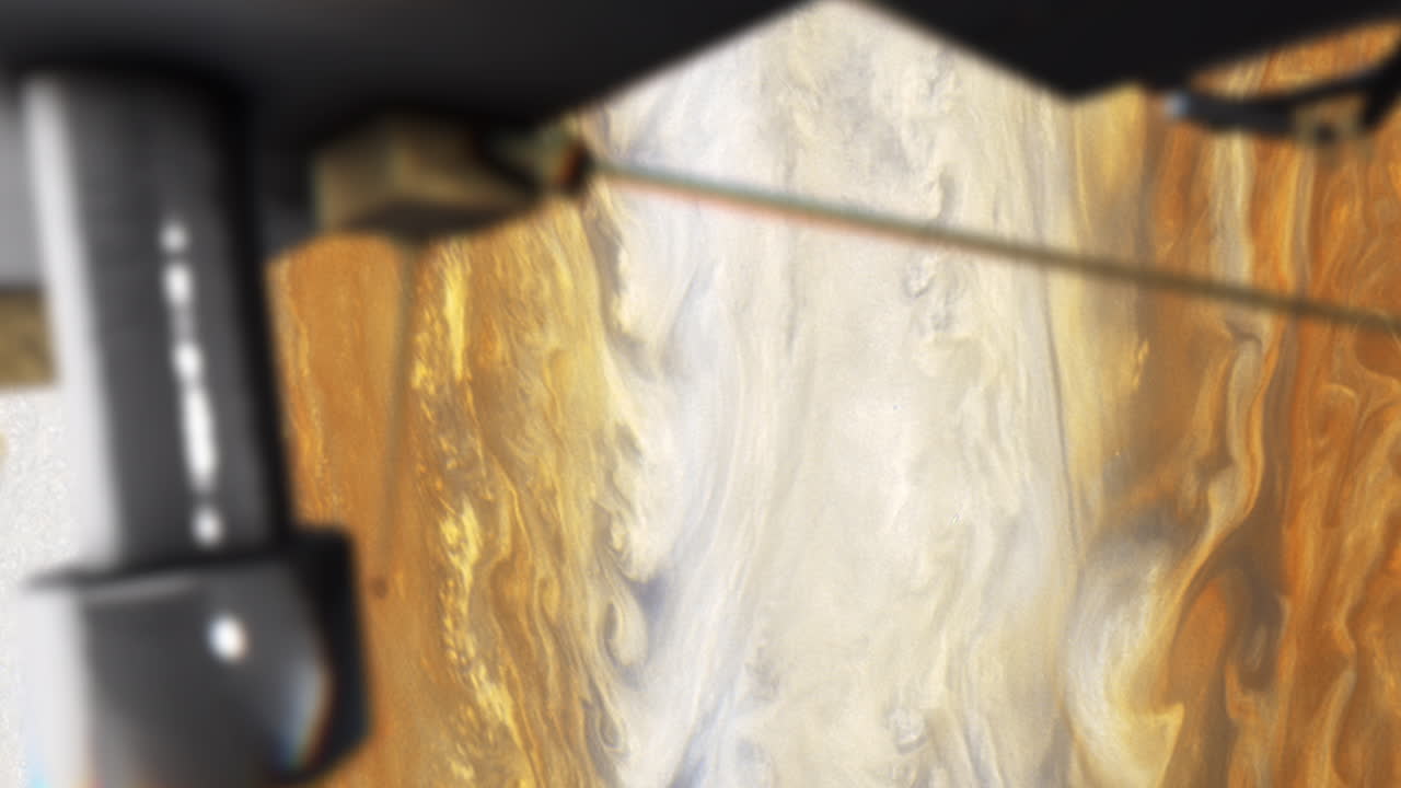 POV from Juno Probe Spacecraft Orbiting Planet Jupiter with Swirling Hydrogen and Helium Gases as it Makes Scientific Measurements and Observations for Data on Gas Giant. 3D Space Animation ProRes 4K.