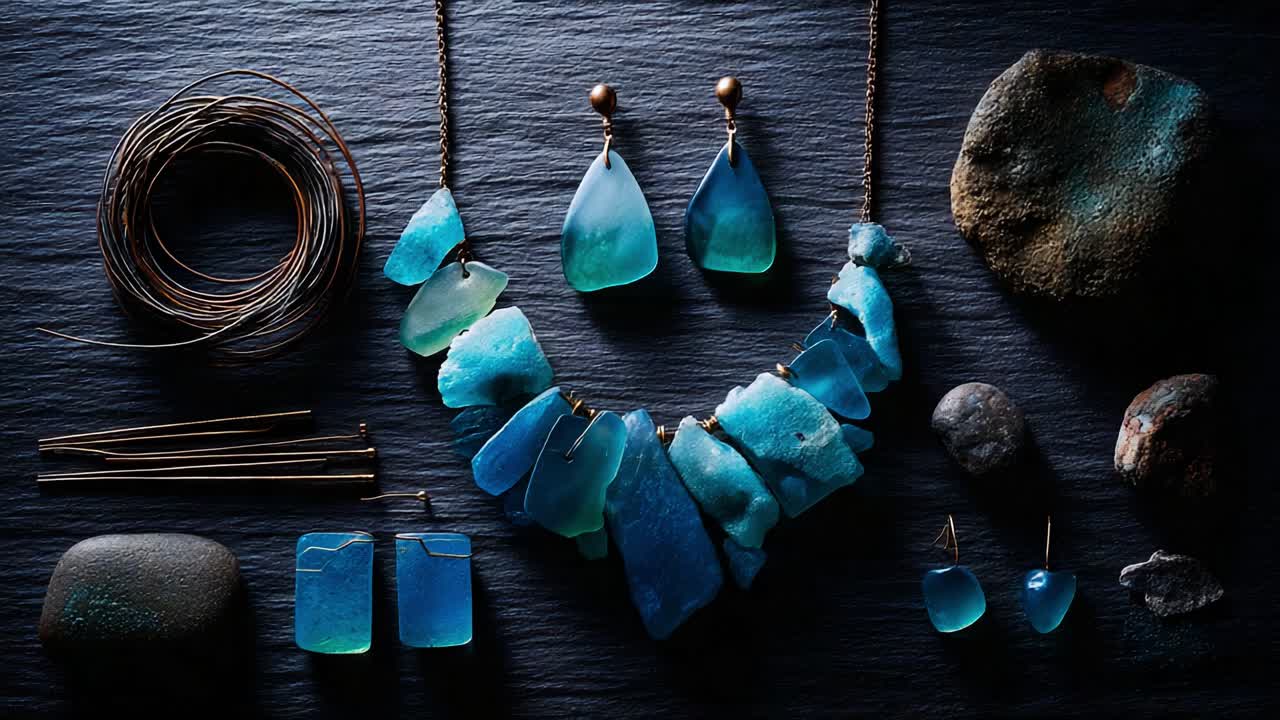 Stunning Display of Artisan Jewelry Featuring Sea Glass Necklaces, Earrings, and Natural Stones on Dark Slate Background, Showcasing Unique Craftsmanship and Coastal Inspiration