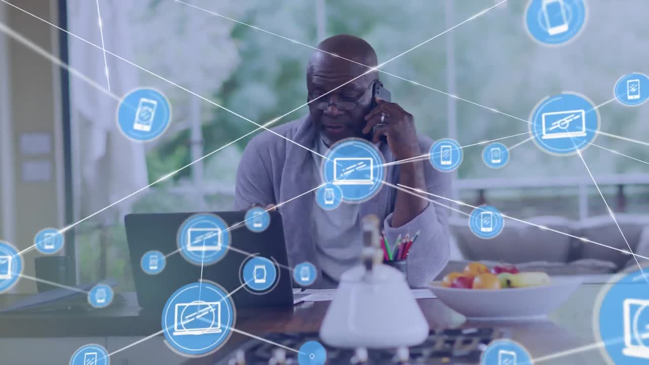 Animation of media icons over african american man talking on smartphone
