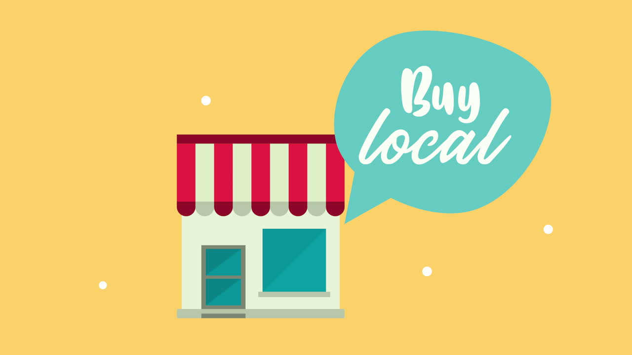 상점 건물과 함께 음성 거품에서 지역 비즈니스 글자를 구입