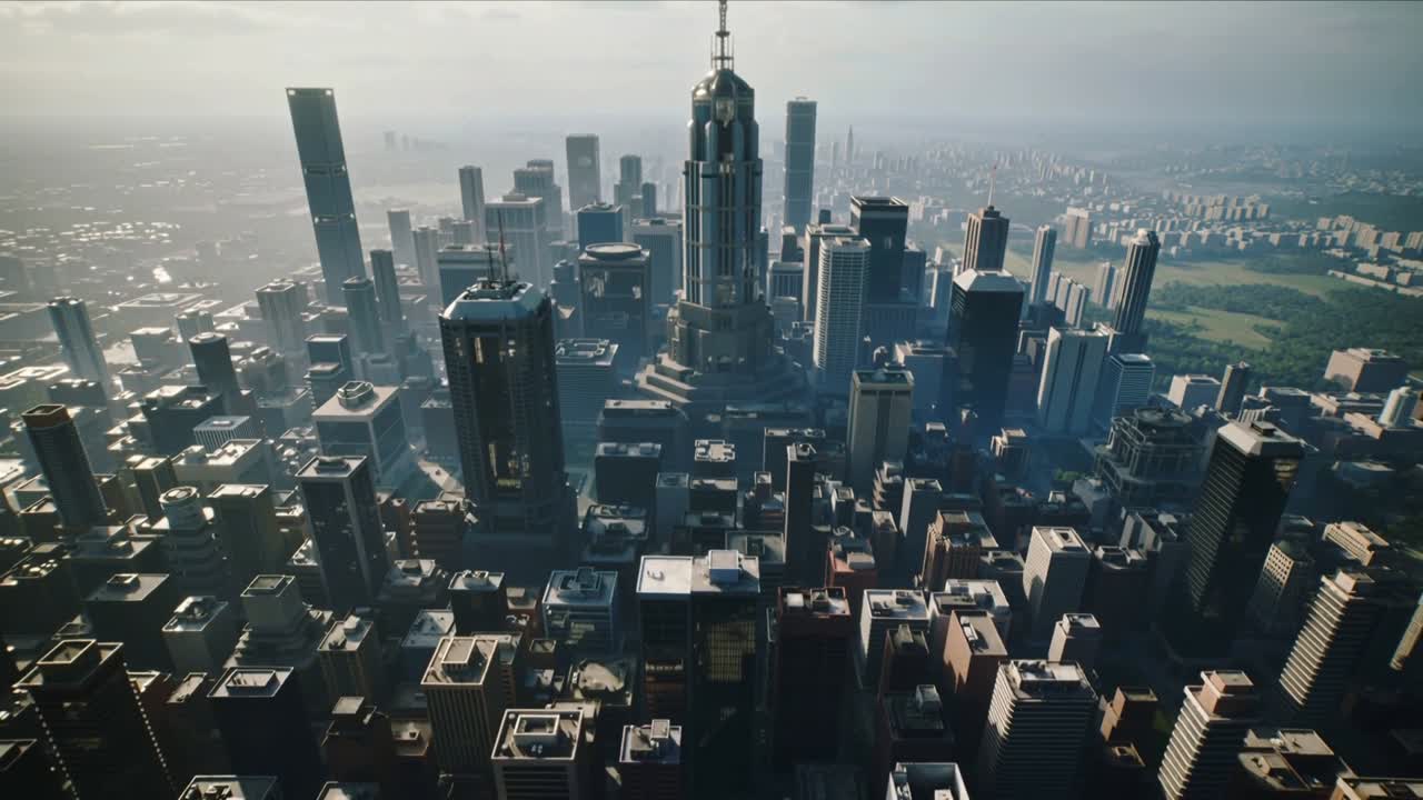 Drone moving forward and descending, revealing spire tower, park, grid, supporting urban planning