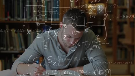 man studying in a library surrounded by mathematics symbols