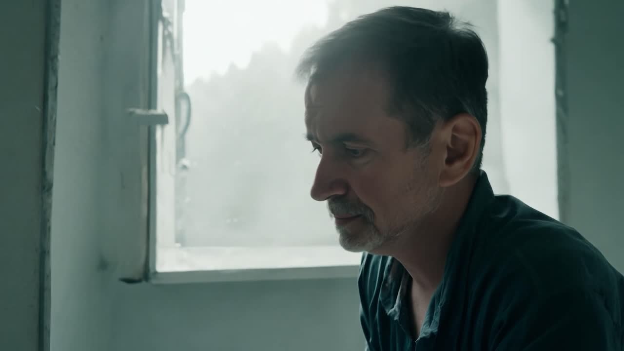 한 남자가 창문 에 앉아서 사려 깊고 걱정스럽게 보인다.