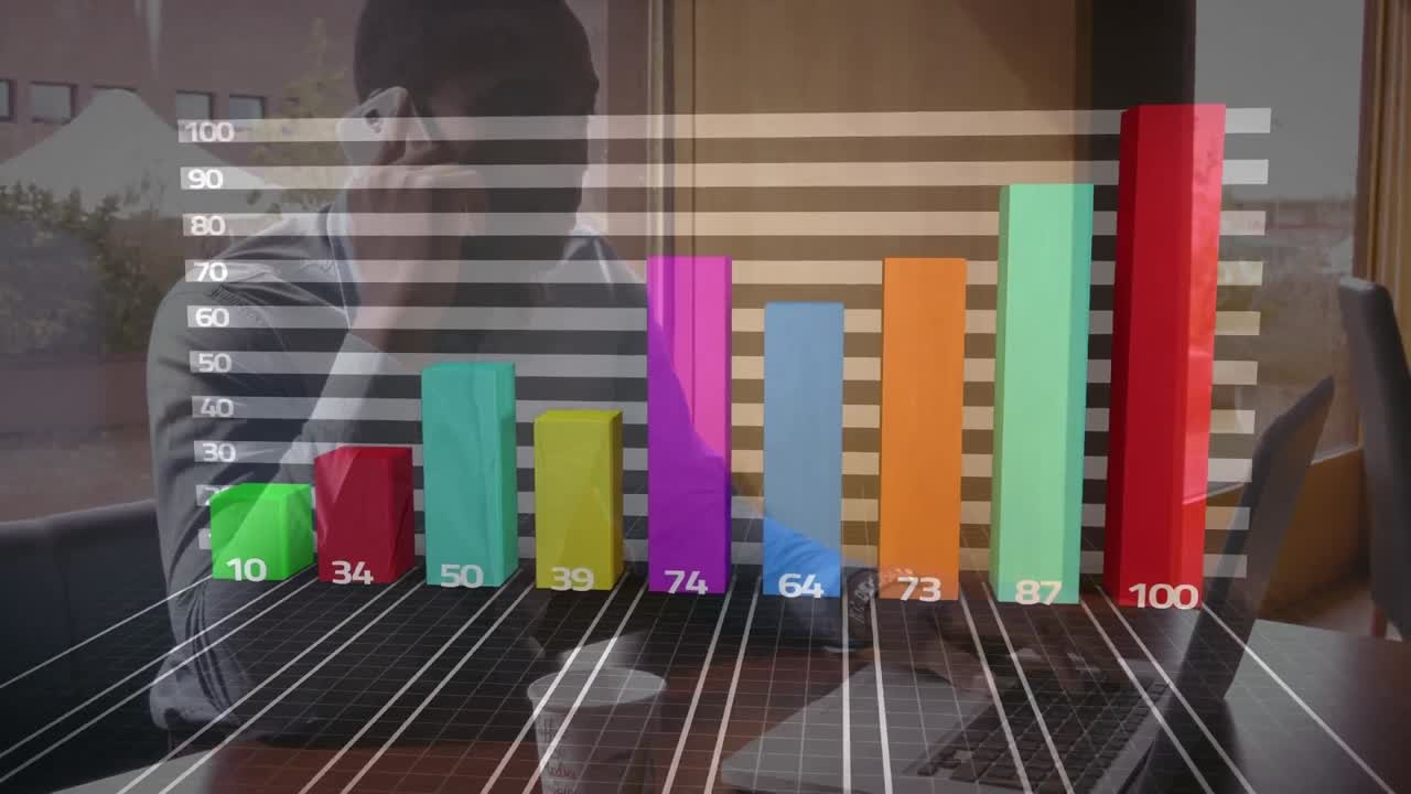animación de datos financieros y gráficos sobre hombre afroamericano usando portátil y teléfono inteligente