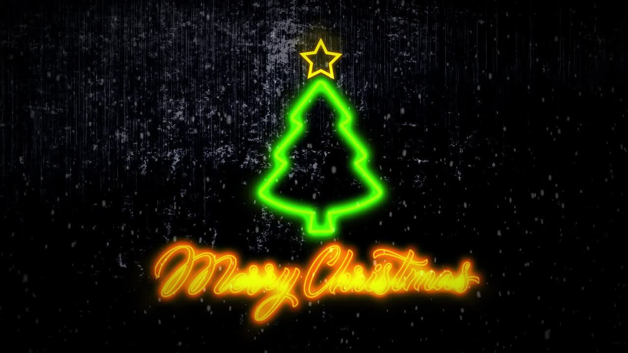 4k 애니메이션 크리스마스 배경: 반이는 네온 나무와 메리 크리스마스 글자