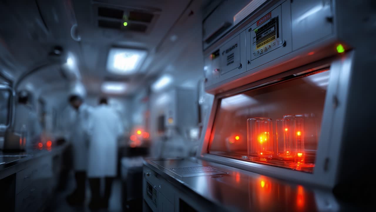 Advanced laboratory setup featuring illuminated glass containers and illuminated background, showcasing scientific research and experimentation processes in progress