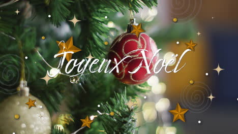 animation of joyeux noel text over christmas tree and stars