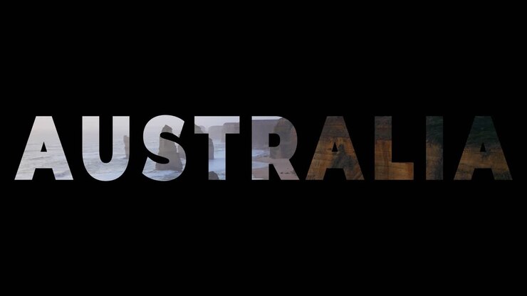 Formación rocosa de los Doce Apóstoles en Australia superpuesta con un gráfico que muestra la palabra Australia