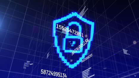 animation of data processing over digital padlock and shield over blue space