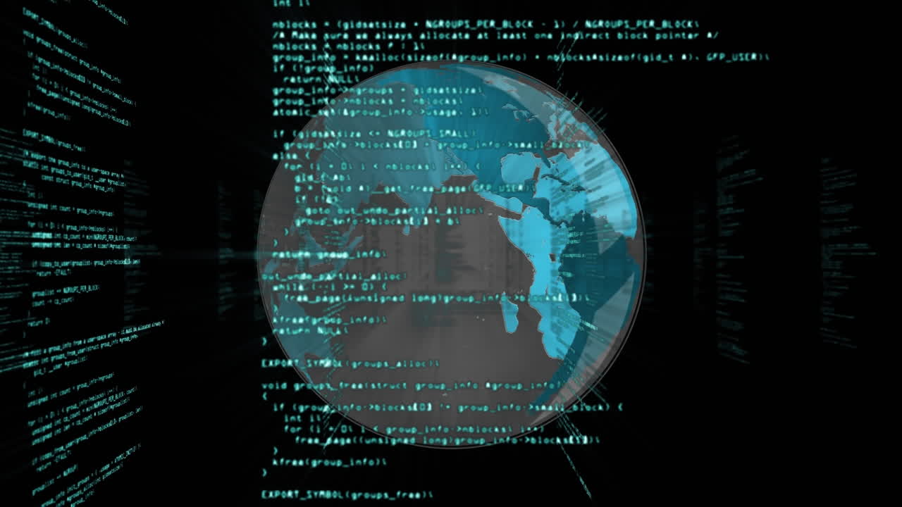 Animation of data processing and globe in black space