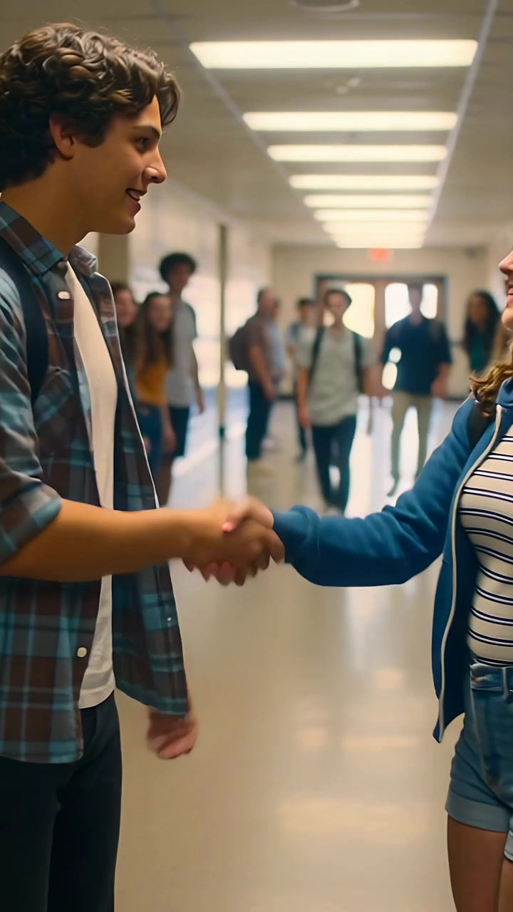 Video vertical: Adolescente caminando con camisa a cuadros, respondiendo a saludos con un apretón de manos en la escuela