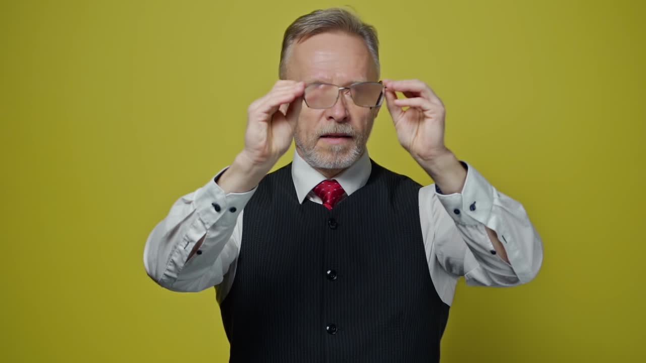Successful formal man isolated. Businessman with glasses looking at camera on background