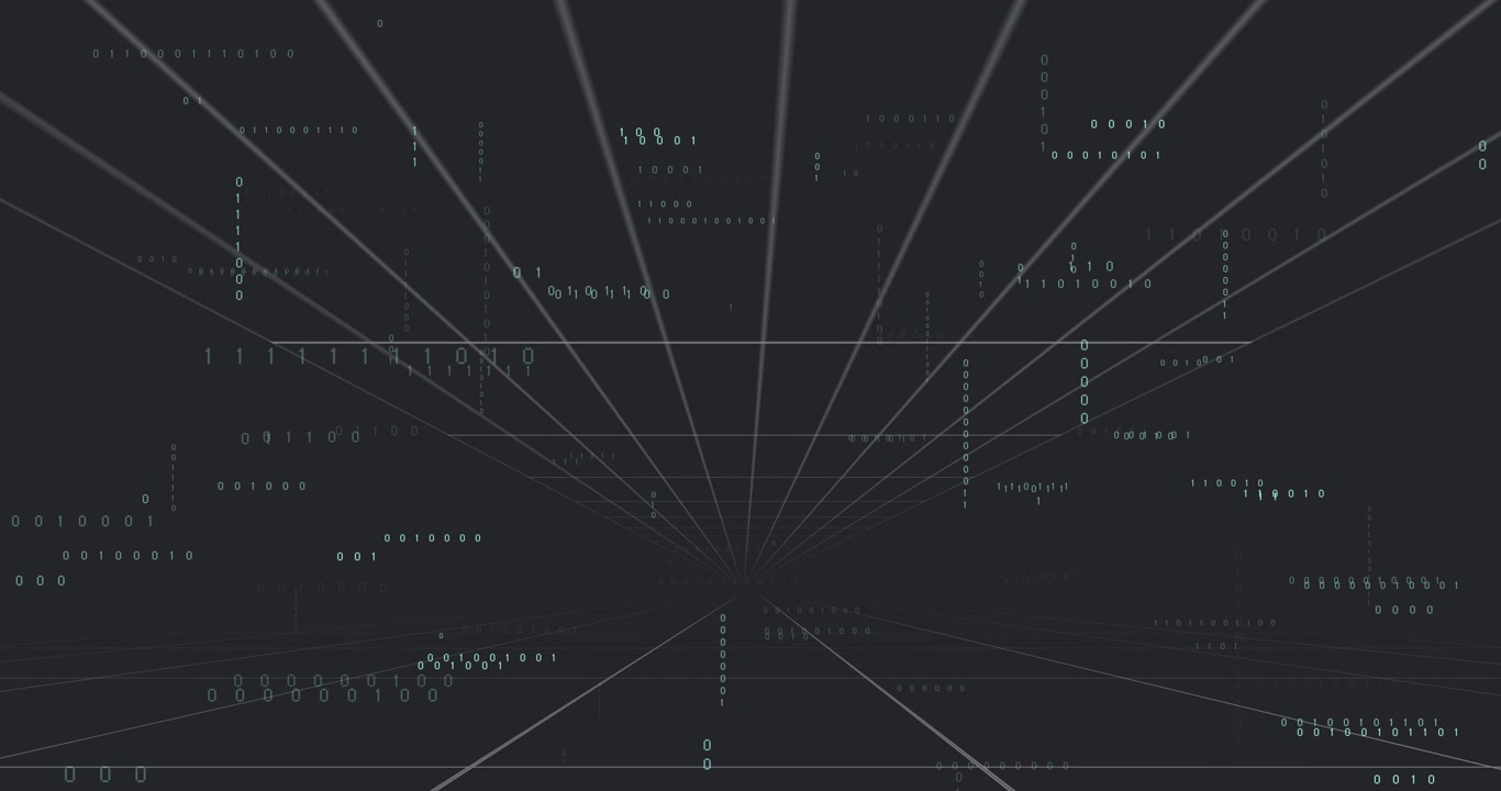 Starting 3D data tunnel, grid lines converging as binary digits shifting, fading, showing data flow