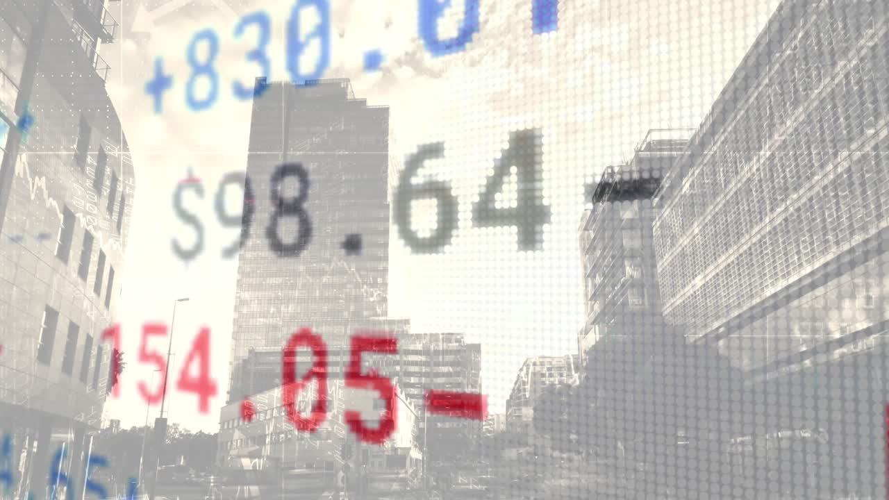 도시 풍경 위의 데이터 처리 애니메이션