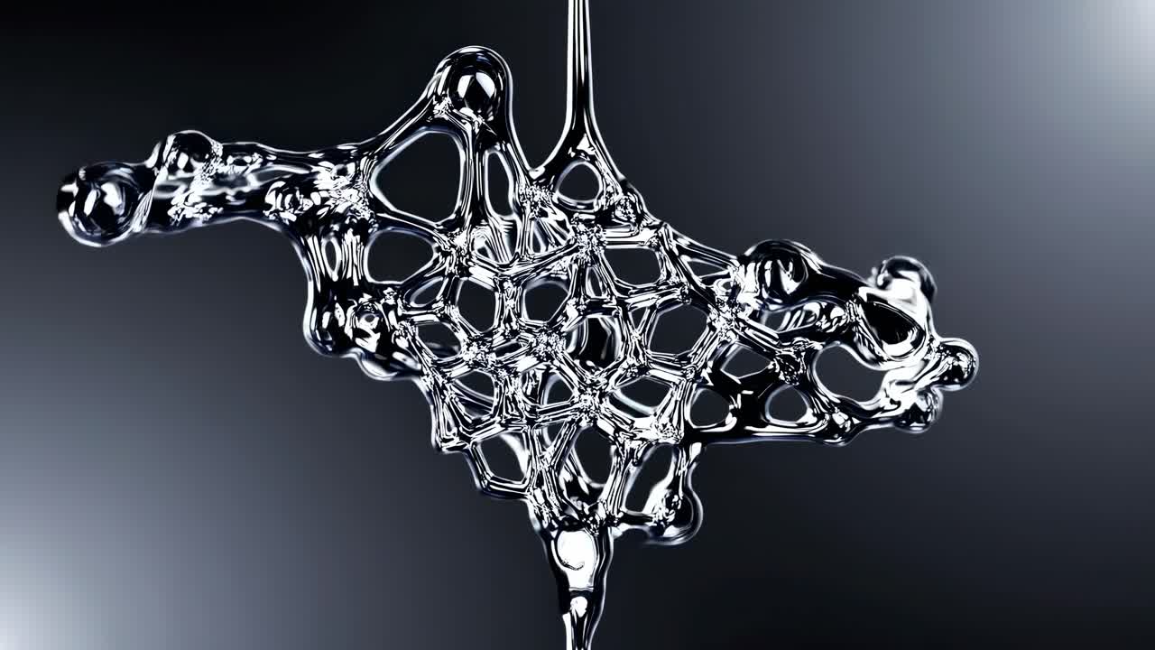Abstract metallic fluid sculpture with intricate pattern frozen in motion against a dark gradient background