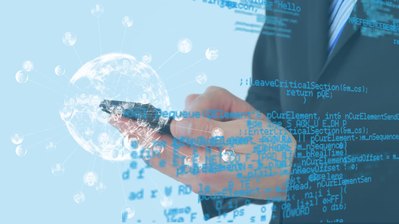 스마트폰을 사용하는 코카서스 사업가에 대한 지구의 애니메이션과 데이터 처리