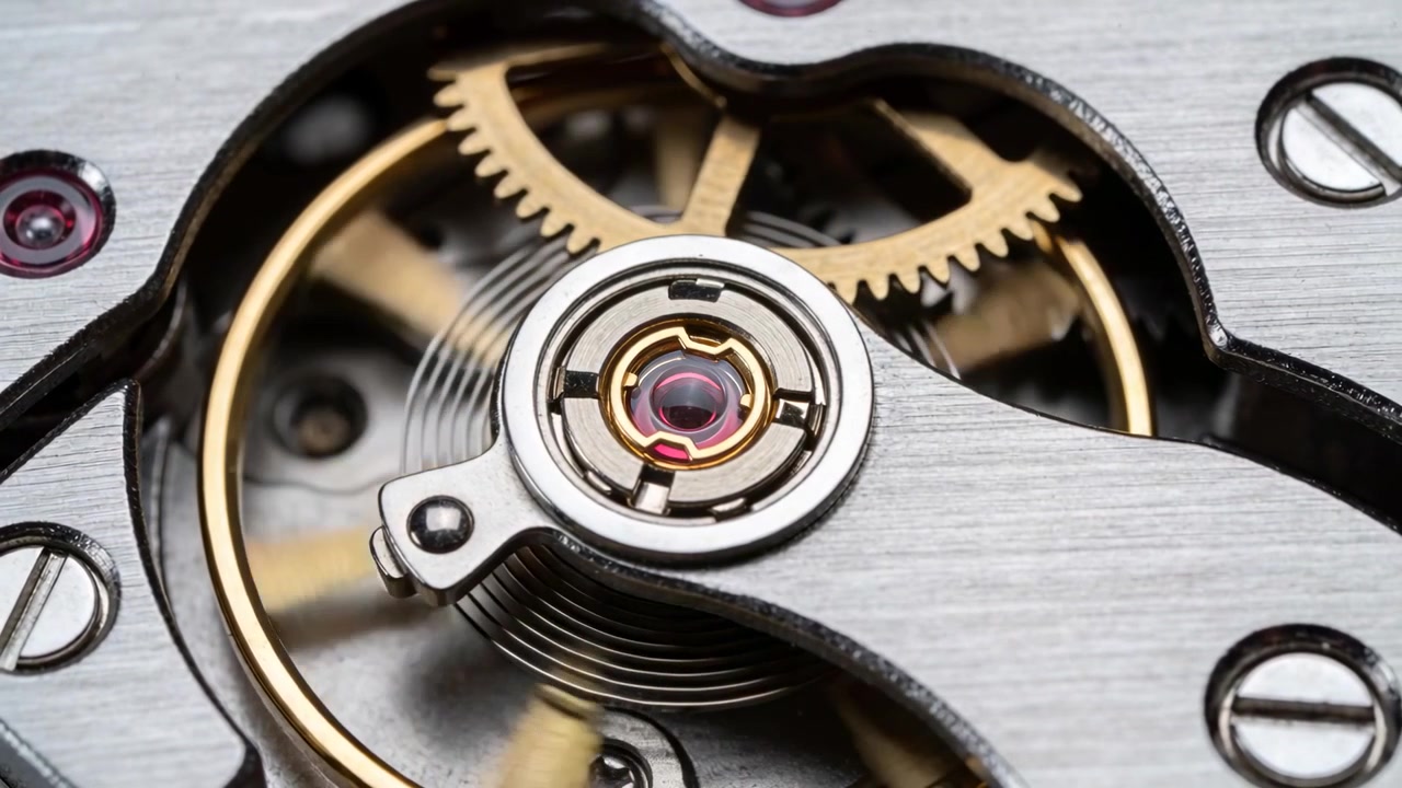 Escape impulse sending rotating balance wheel, hairspring oscillating in close-up watch, red jewel