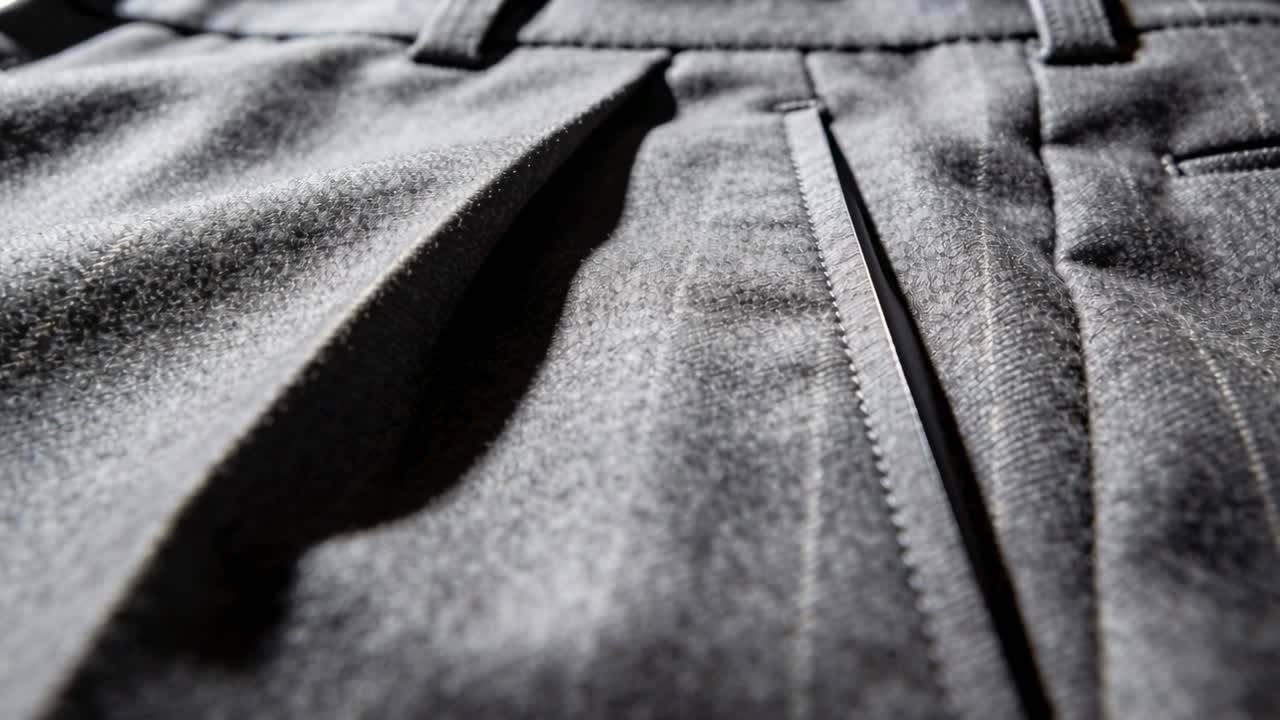 Gray pants front waist filling frame, camera tightening revealing zipper and pleat for fashion