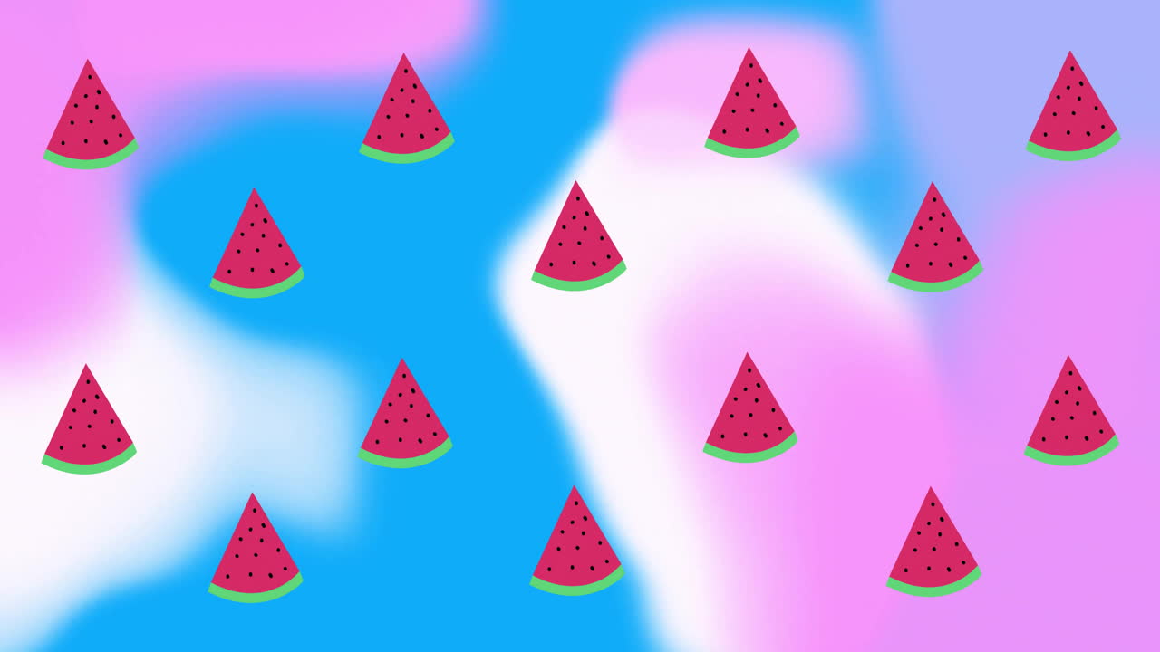 Animation of moving watermelons over blue and white shapes