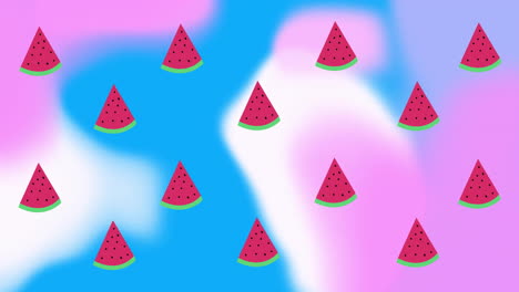 animation of moving watermelons over blue and white shapes