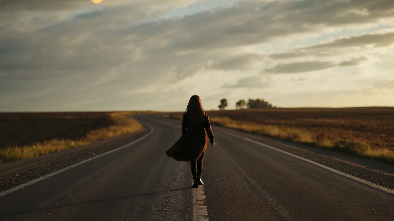 Femme marchant en manteau foncé le long de la ligne centrale d’une route rurale, prise de vue commençant derrière et se dirigeant vers les arbres